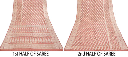 Indian Vintage Sari Heavy Peach Pure Organza Silk Woven Brocade Banarasi Sarees Zari 5Yd Ethnic Fabric Dress Making Wedding Sarees