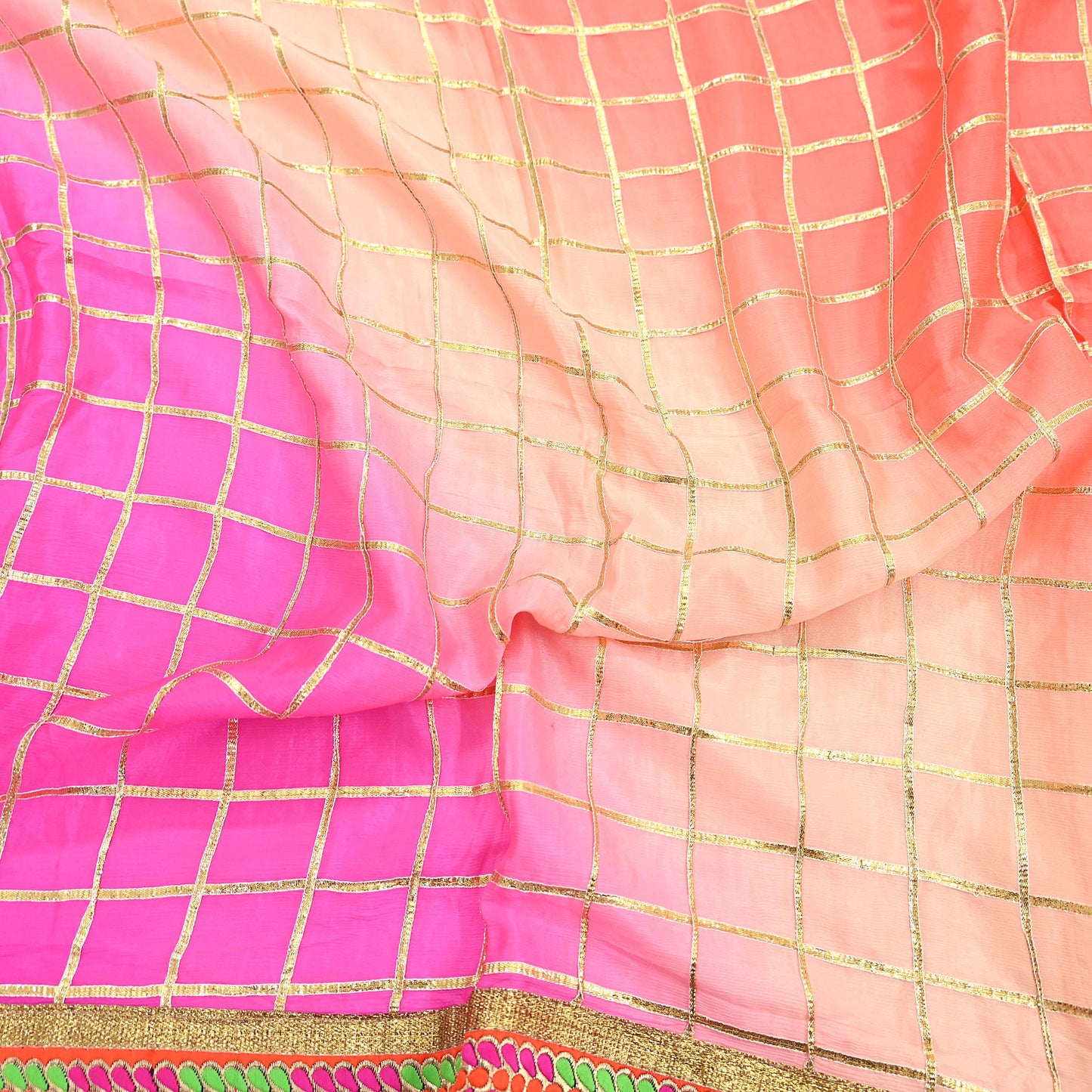 Indian Vintage Peach & Pink Dupatta Pure silk Long Stole Hand Embroidered Scarves Floral Design Stole Veil Wrap Zari gota