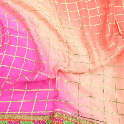 Indian Vintage Peach & Pink Dupatta Pure silk Long Stole Hand Embroidered Scarves Floral Design Stole Veil Wrap Zari gota