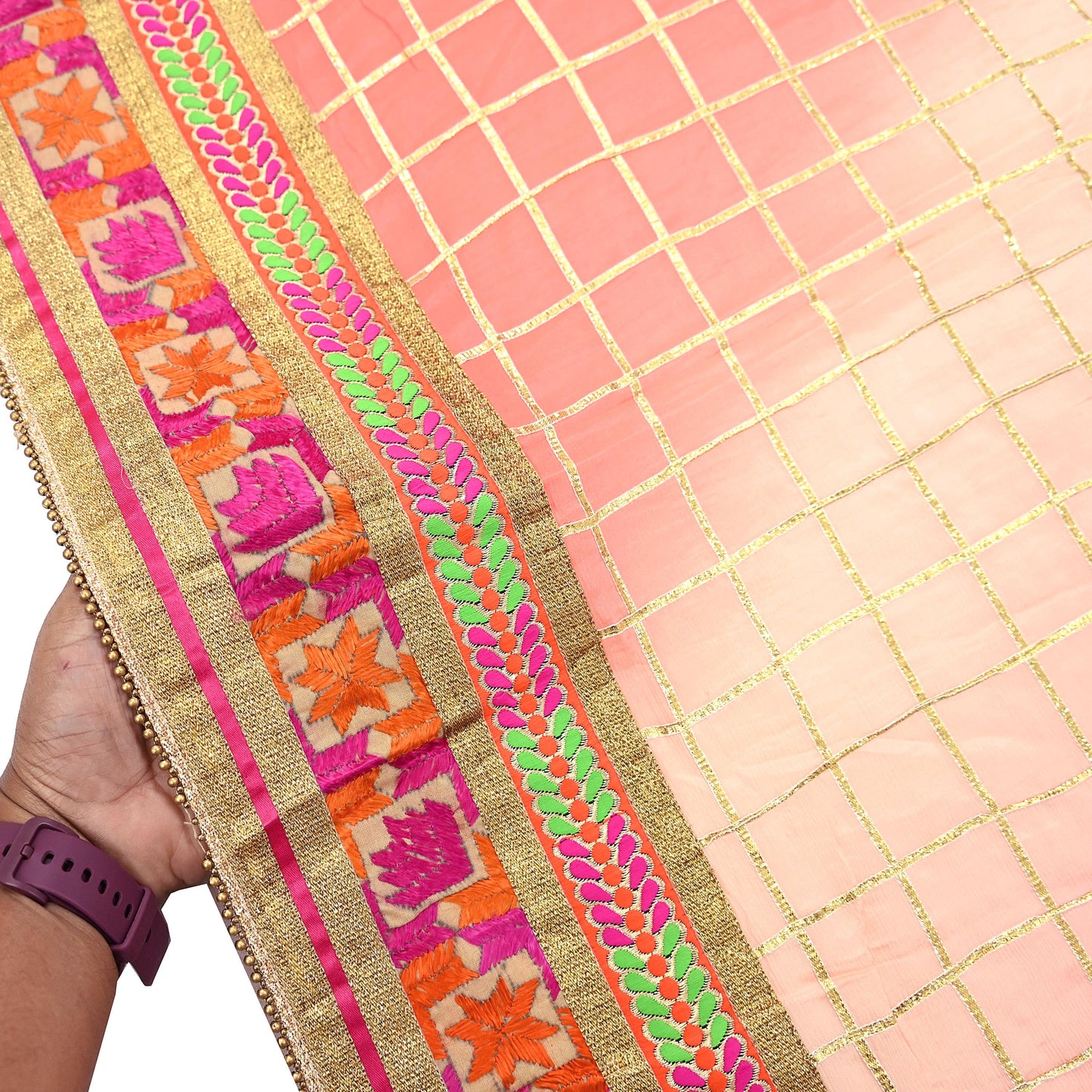 Indian Vintage Peach & Pink Dupatta Pure silk Long Stole Hand Embroidered Scarves Floral Design Stole Veil Wrap Zari gota