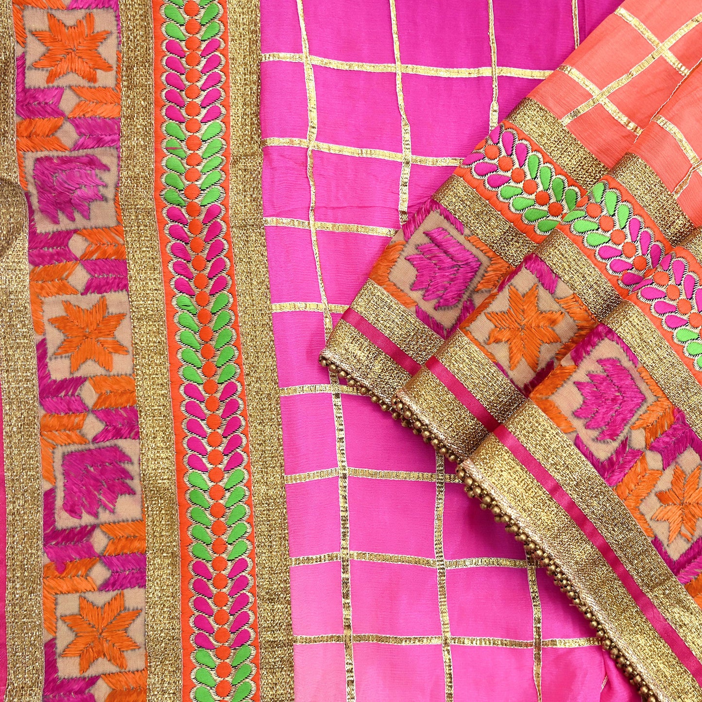 Indian Vintage Peach & Pink Dupatta Pure silk Long Stole Hand Embroidered Scarves Floral Design Stole Veil Wrap Zari gota