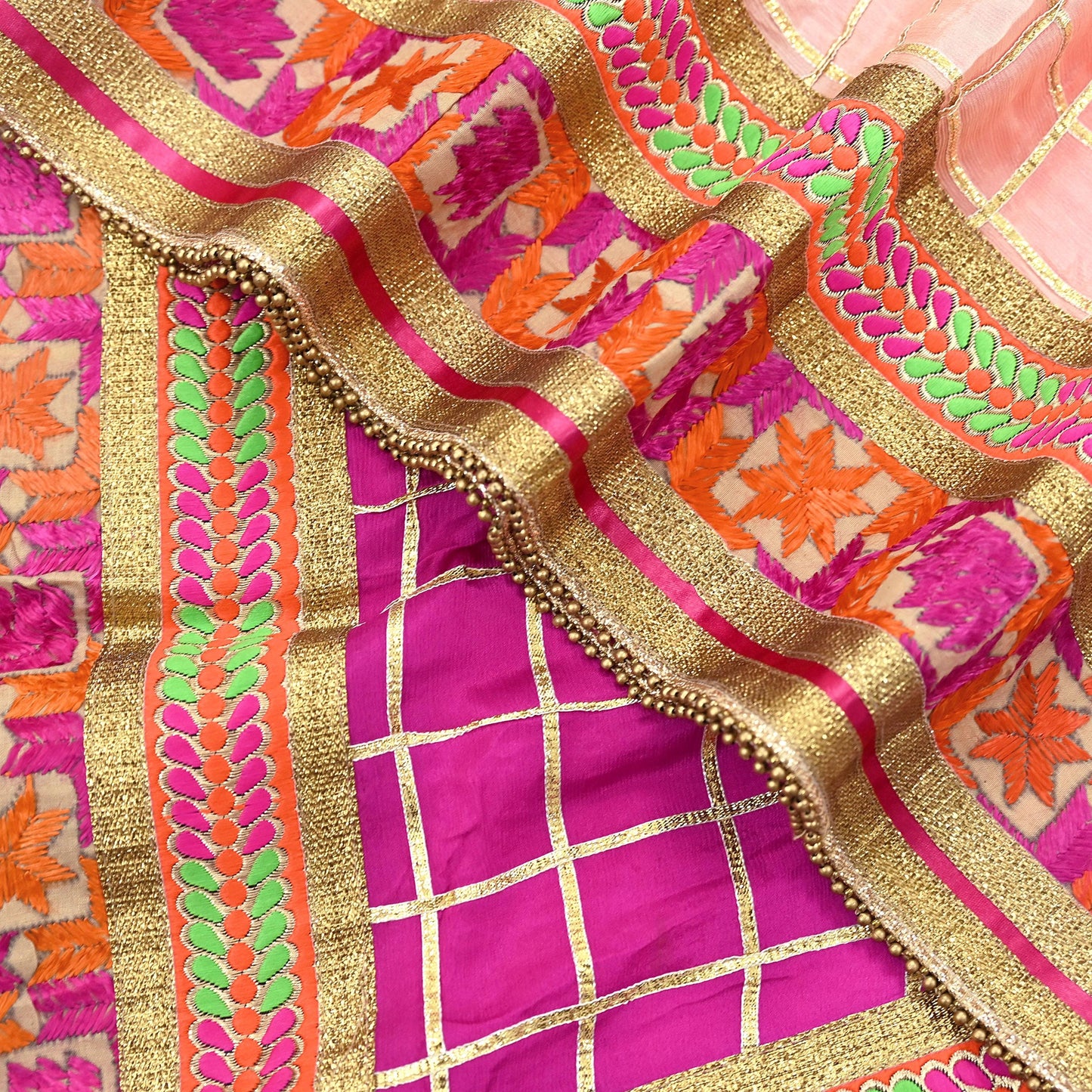 Indian Vintage Peach & Pink Dupatta Pure silk Long Stole Hand Embroidered Scarves Floral Design Stole Veil Wrap Zari gota