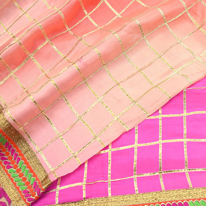 Indian Vintage Peach & Pink Dupatta Pure silk Long Stole Hand Embroidered Scarves Floral Design Stole Veil Wrap Zari gota
