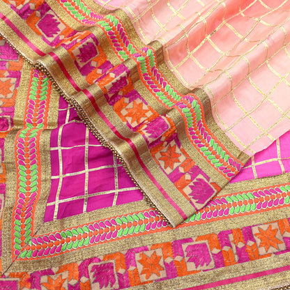 Indian Vintage Peach & Pink Dupatta Pure silk Long Stole Hand Embroidered Scarves Floral Design Stole Veil Wrap Zari gota