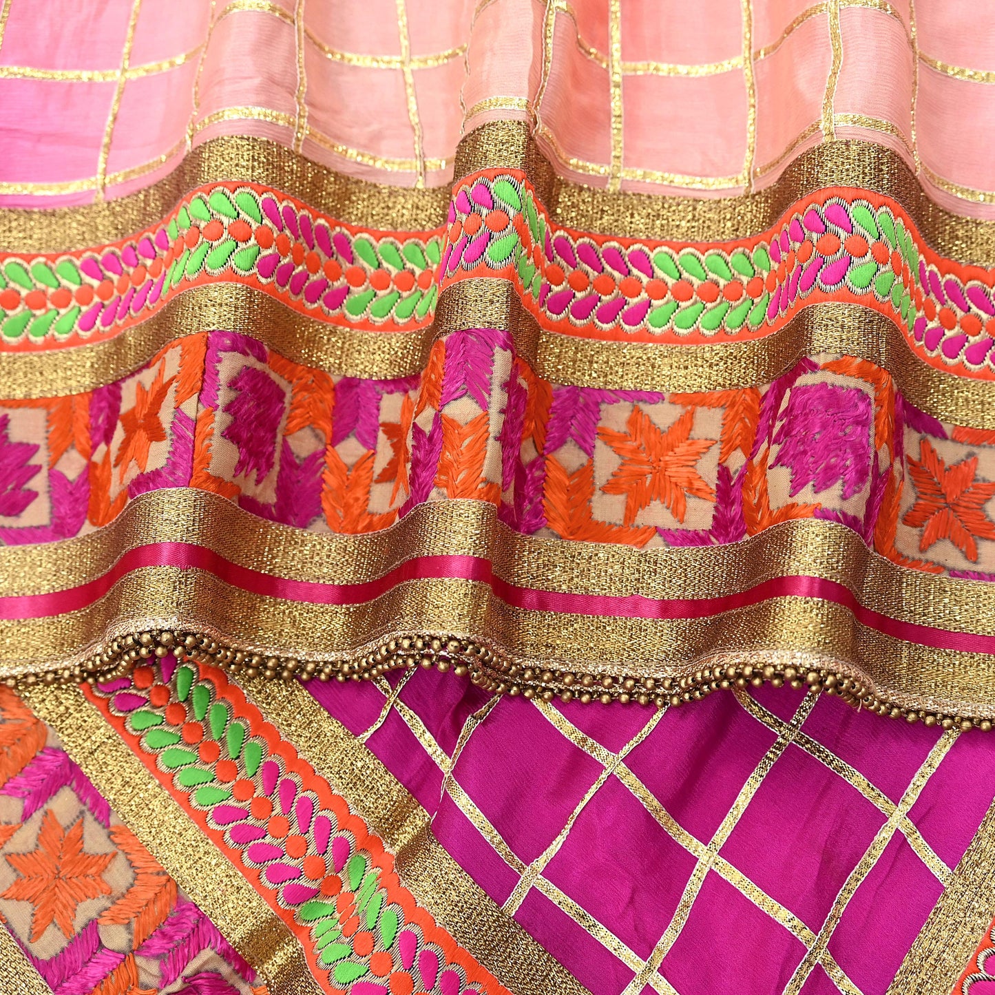 Indian Vintage Peach & Pink Dupatta Pure silk Long Stole Hand Embroidered Scarves Floral Design Stole Veil Wrap Zari gota