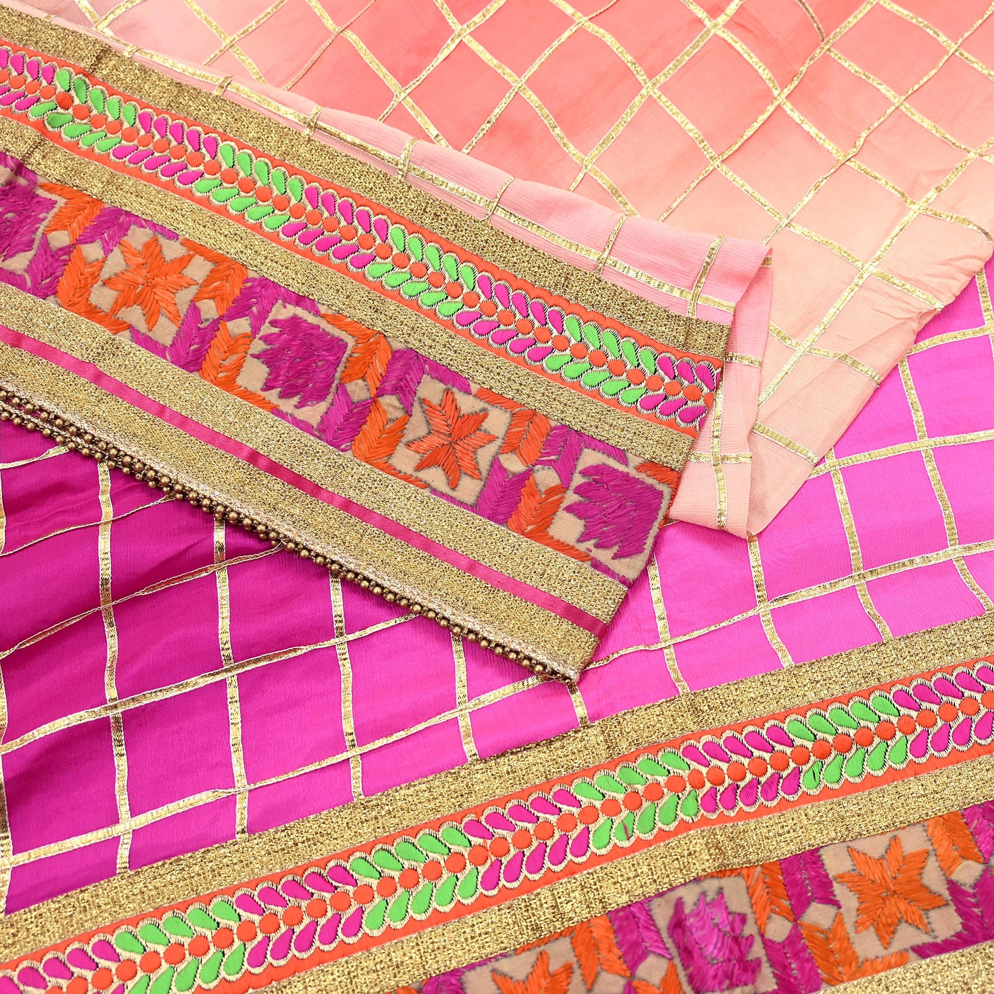 Indian Vintage Peach & Pink Dupatta Pure silk Long Stole Hand Embroidered Scarves Floral Design Stole Veil Wrap Zari gota