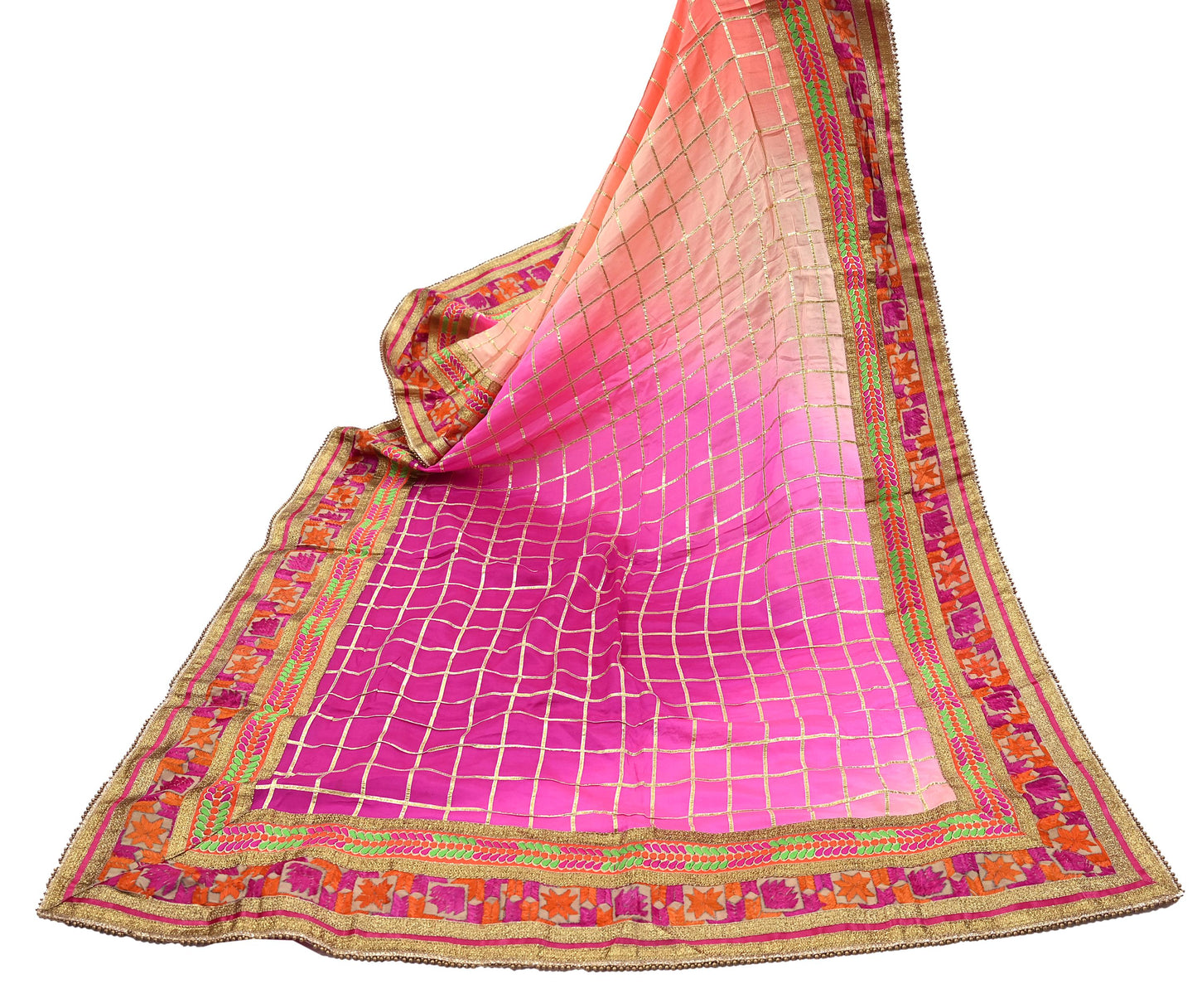 Indian Vintage Peach & Pink Dupatta Pure silk Long Stole Hand Embroidered Scarves Floral Design Stole Veil Wrap Zari gota