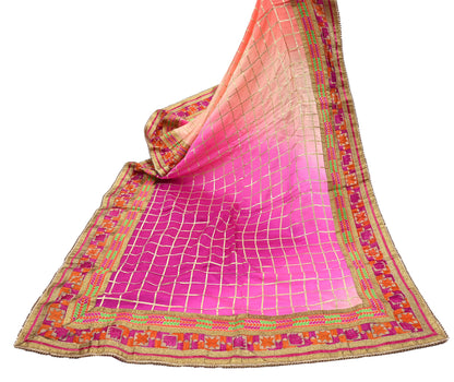 Indian Vintage Peach & Pink Dupatta Pure silk Long Stole Hand Embroidered Scarves Floral Design Stole Veil Wrap Zari gota