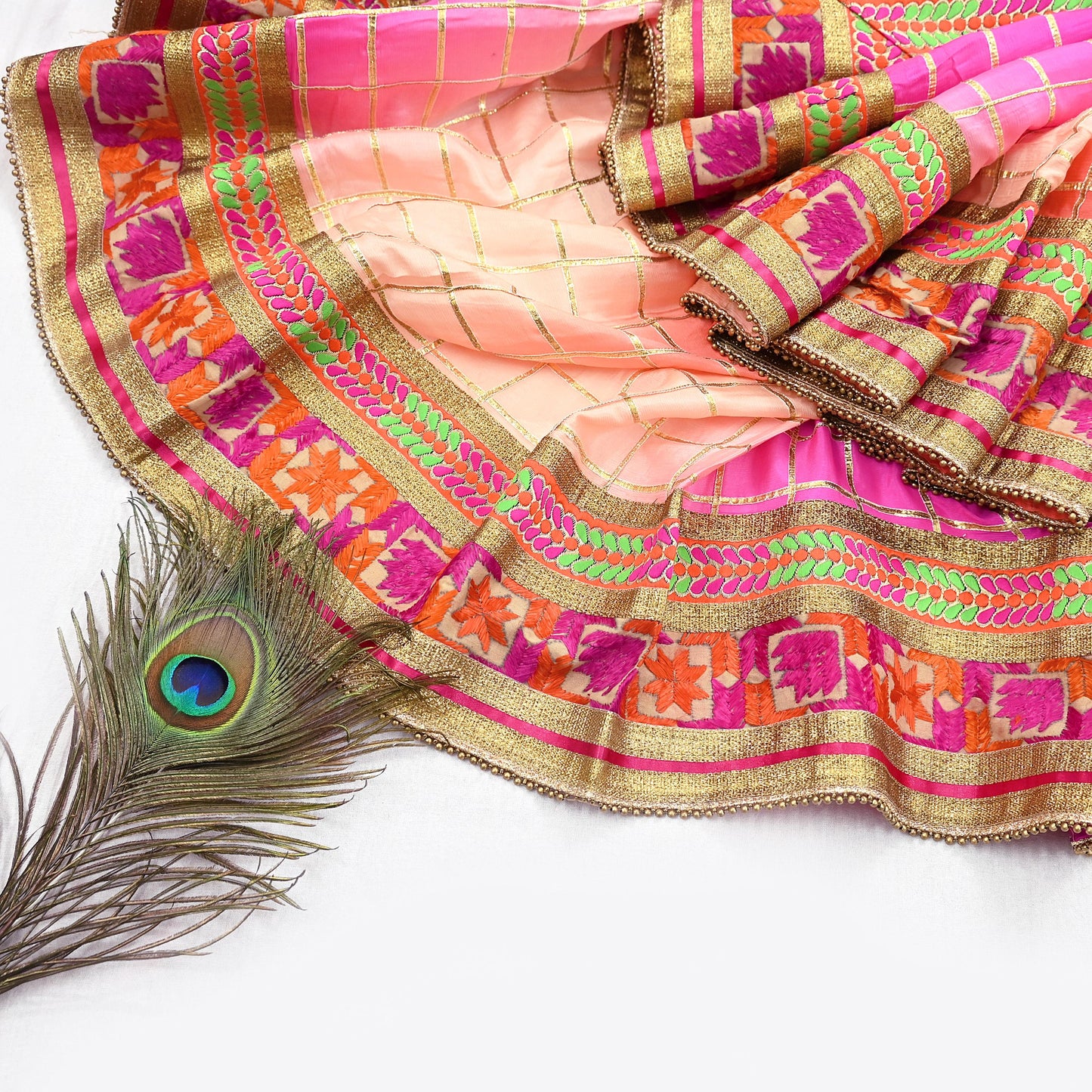 Indian Vintage Peach & Pink Dupatta Pure silk Long Stole Hand Embroidered Scarves Floral Design Stole Veil Wrap Zari gota