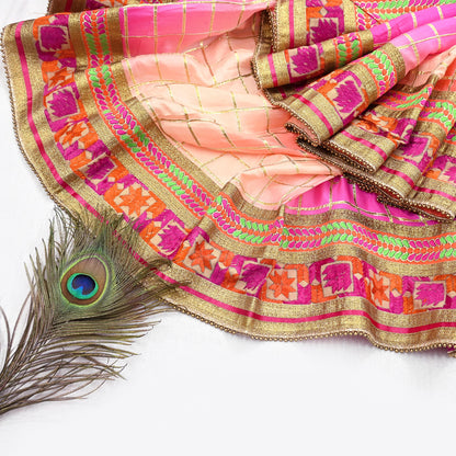 Indian Vintage Peach & Pink Dupatta Pure silk Long Stole Hand Embroidered Scarves Floral Design Stole Veil Wrap Zari gota