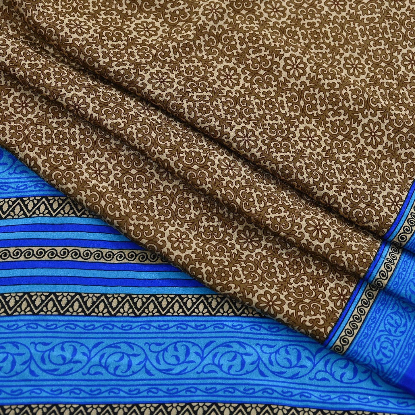 Indian Vintage Blue & Green Sarees Moss Crepe Printed Sari 5yd Sewing Floral Soft Craft Fabric DressMaking For Crafting Quilting Upcycle