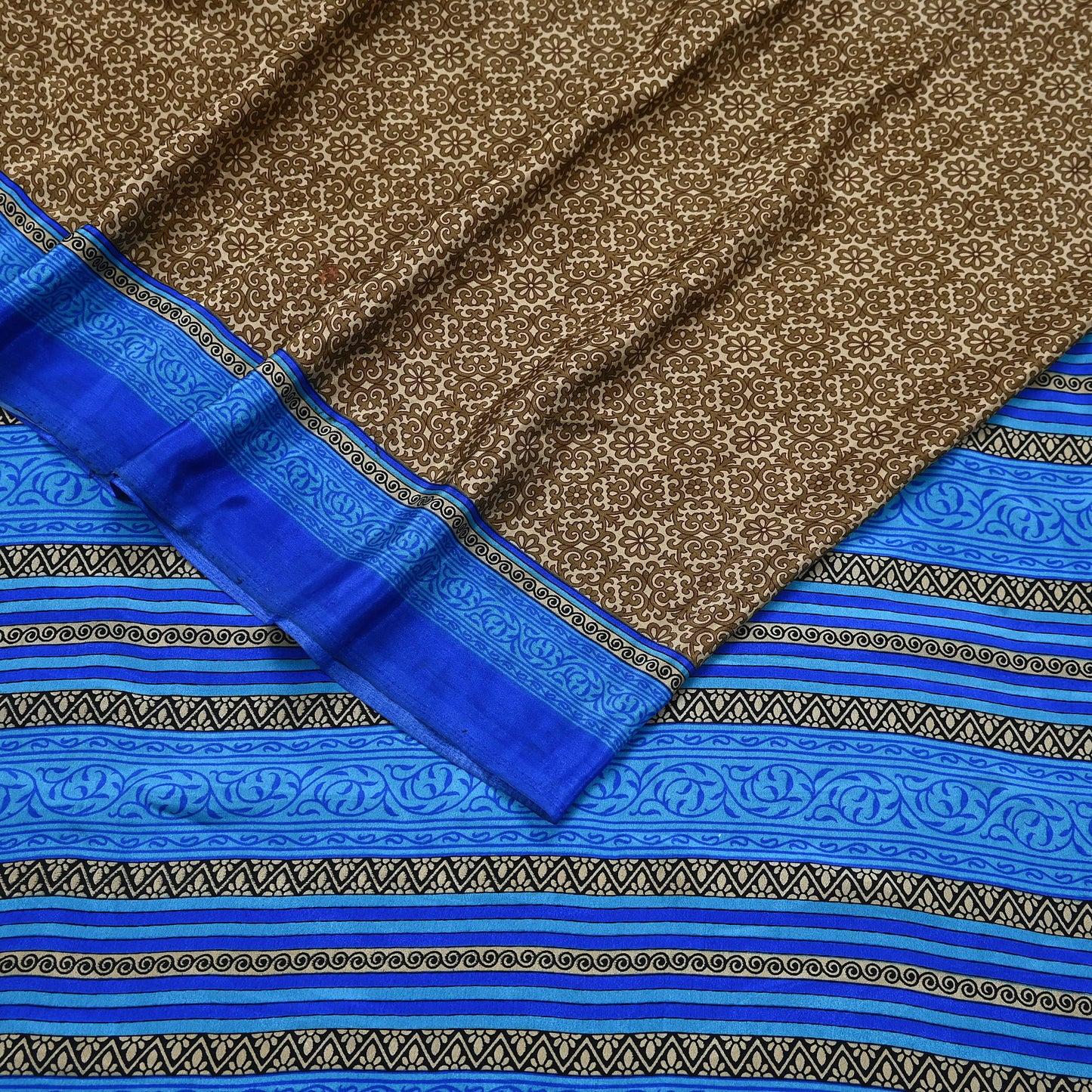 Indian Vintage Blue & Green Sarees Moss Crepe Printed Sari 5yd Sewing Floral Soft Craft Fabric DressMaking For Crafting Quilting Upcycle