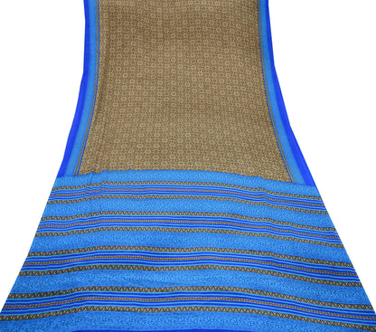 Indian Vintage Blue & Green Sarees Moss Crepe Printed Sari 5yd Sewing Floral Soft Craft Fabric DressMaking For Crafting Quilting Upcycle