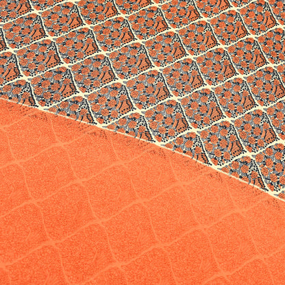 Indian Vintage Sari Orange & Beige Moss Crepe Printed Sarees 6yd Craft Fabric Sewing Floral Soft Dressmaking Quilting Crafting Upcycle Used