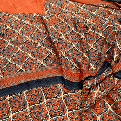Indian Vintage Sari Orange & Beige Moss Crepe Printed Sarees 6yd Craft Fabric Sewing Floral Soft Dressmaking Quilting Crafting Upcycle Used