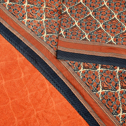 Indian Vintage Sari Orange & Beige Moss Crepe Printed Sarees 6yd Craft Fabric Sewing Floral Soft Dressmaking Quilting Crafting Upcycle Used