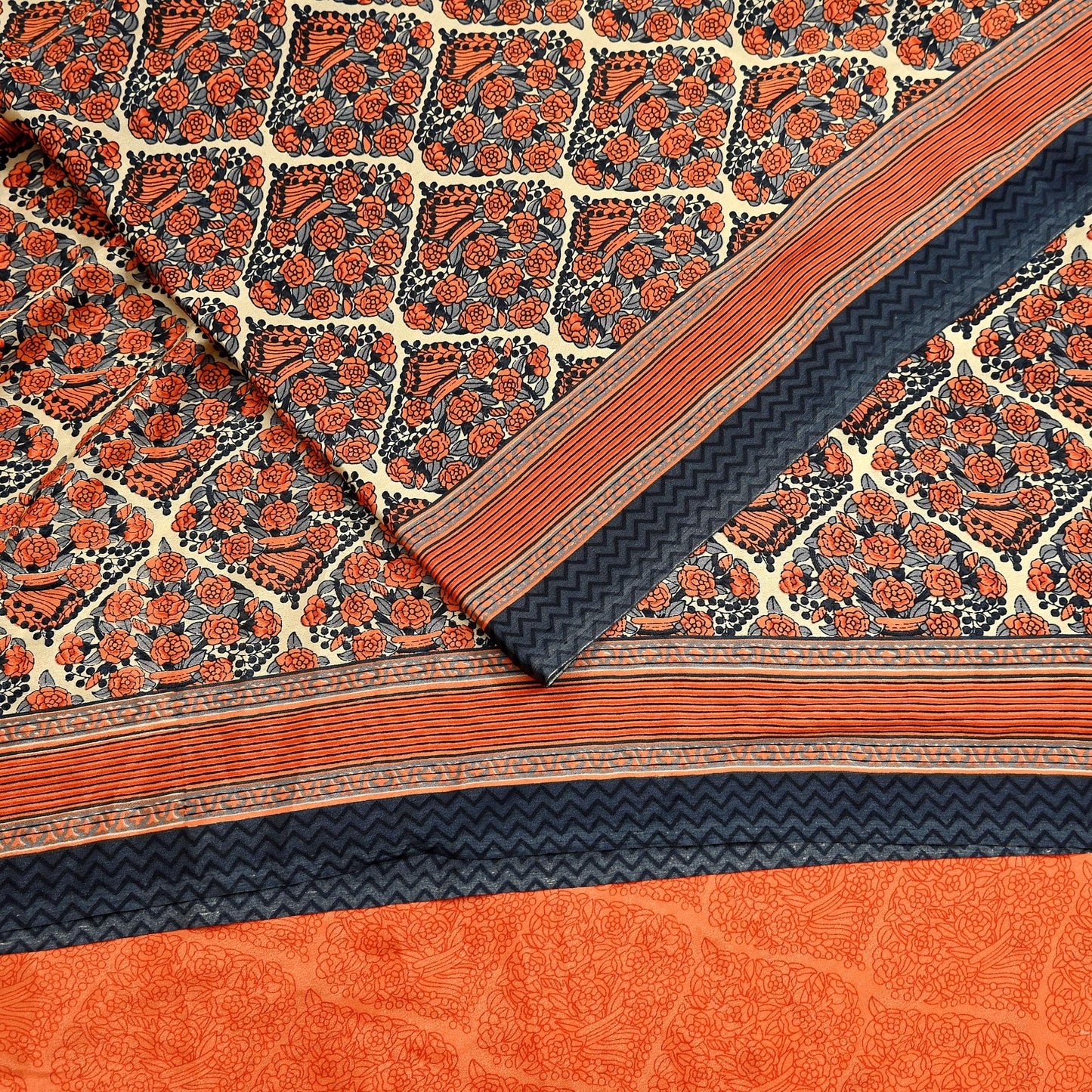 Indian Vintage Sari Orange & Beige Moss Crepe Printed Sarees 6yd Craft Fabric Sewing Floral Soft Dressmaking Quilting Crafting Upcycle Used