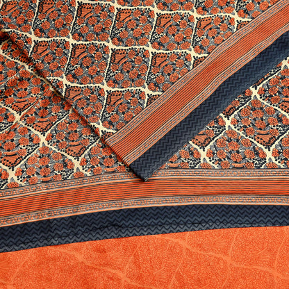 Indian Vintage Sari Orange & Beige Moss Crepe Printed Sarees 6yd Craft Fabric Sewing Floral Soft Dressmaking Quilting Crafting Upcycle Used