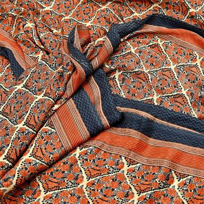 Indian Vintage Sari Orange & Beige Moss Crepe Printed Sarees 6yd Craft Fabric Sewing Floral Soft Dressmaking Quilting Crafting Upcycle Used