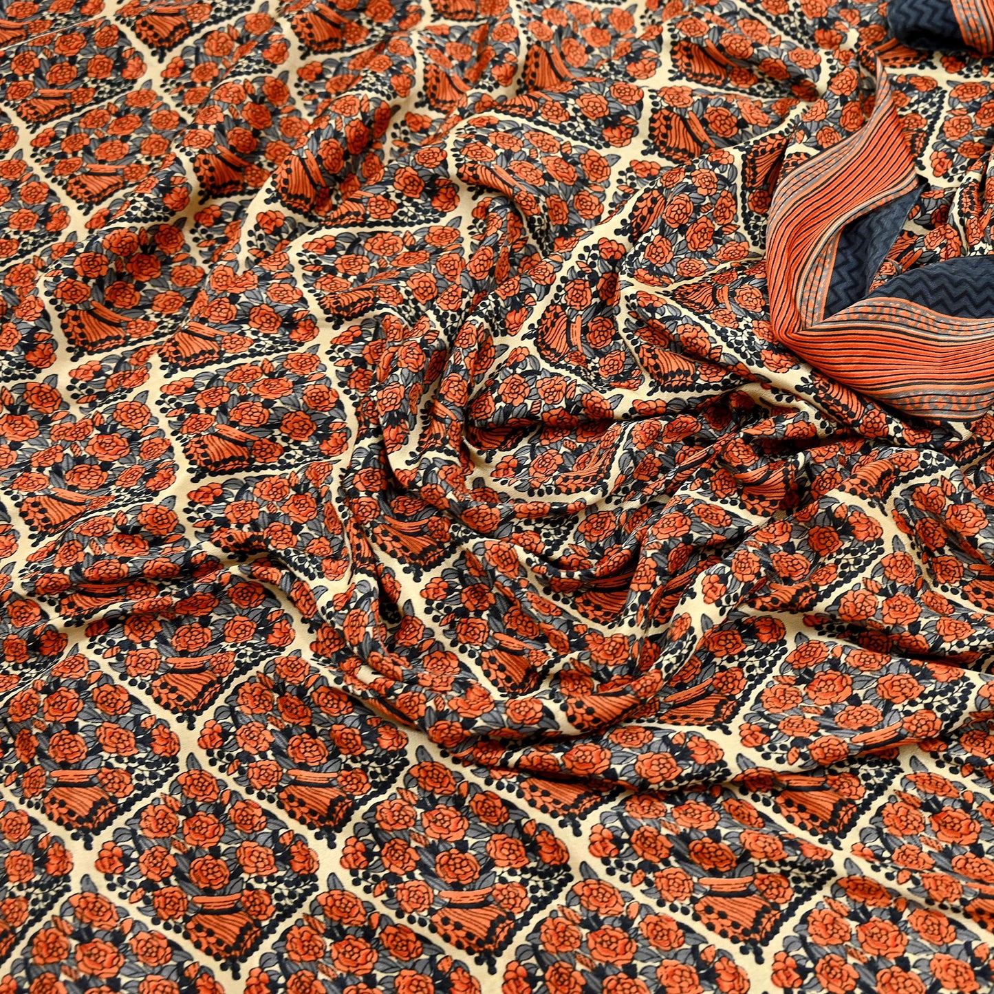 Indian Vintage Sari Orange & Beige Moss Crepe Printed Sarees 6yd Craft Fabric Sewing Floral Soft Dressmaking Quilting Crafting Upcycle Used