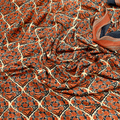 Indian Vintage Sari Orange & Beige Moss Crepe Printed Sarees 6yd Craft Fabric Sewing Floral Soft Dressmaking Quilting Crafting Upcycle Used