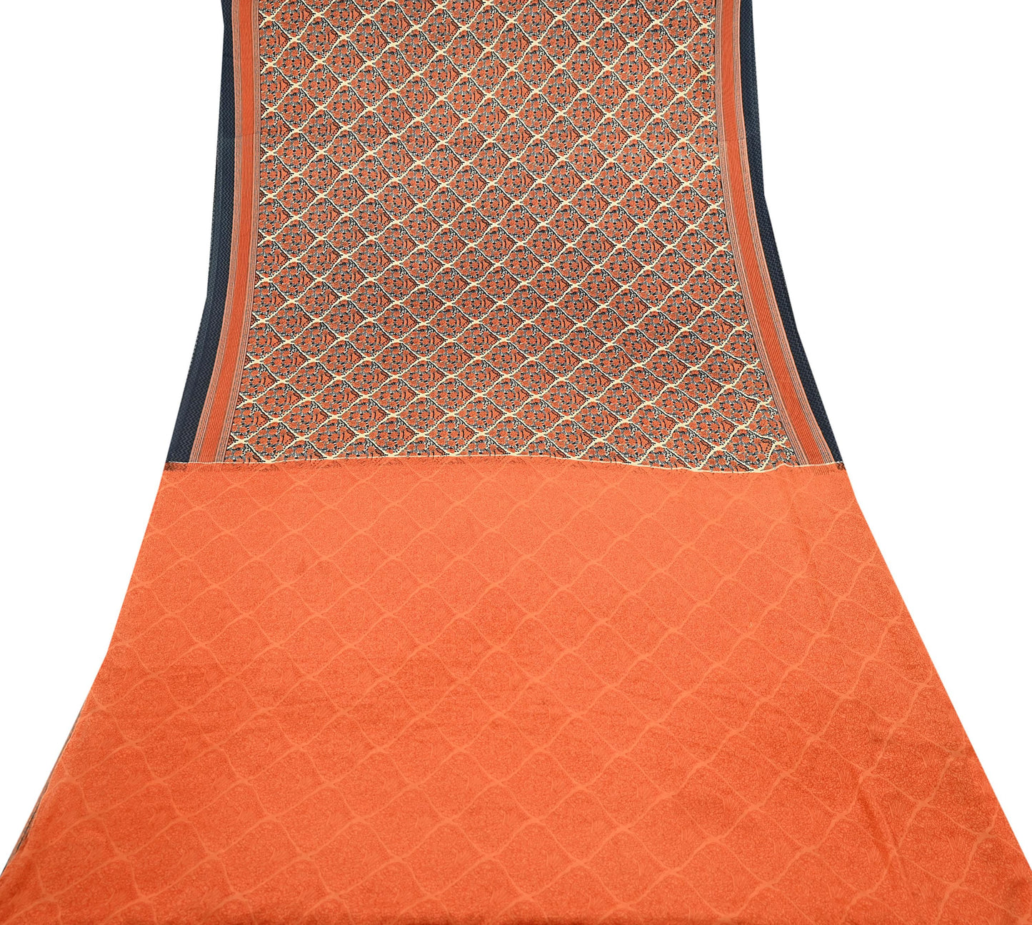 Indian Vintage Sari Orange & Beige Moss Crepe Printed Sarees 6yd Craft Fabric Sewing Floral Soft Dressmaking Quilting Crafting Upcycle Used