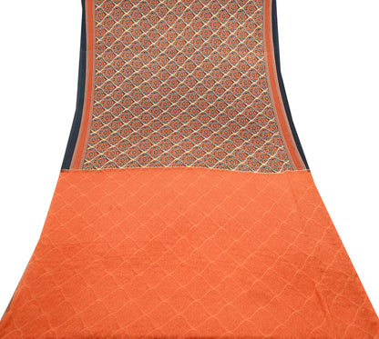 Indian Vintage Sari Orange & Beige Moss Crepe Printed Sarees 6yd Craft Fabric Sewing Floral Soft Dressmaking Quilting Crafting Upcycle Used