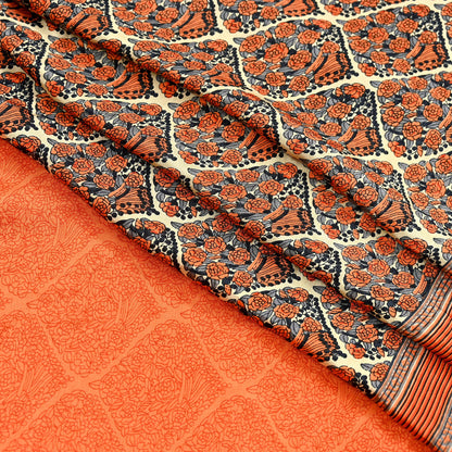 Indian Vintage Sari Orange & Beige Moss Crepe Printed Sarees 6yd Craft Fabric Sewing Floral Soft Dressmaking Quilting Crafting Upcycle Used