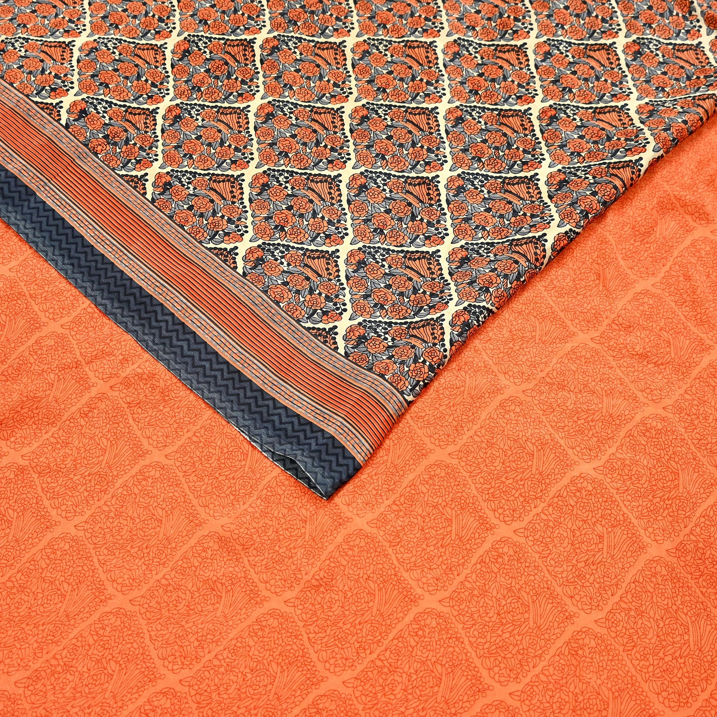 Indian Vintage Sari Orange & Beige Moss Crepe Printed Sarees 6yd Craft Fabric Sewing Floral Soft Dressmaking Quilting Crafting Upcycle Used