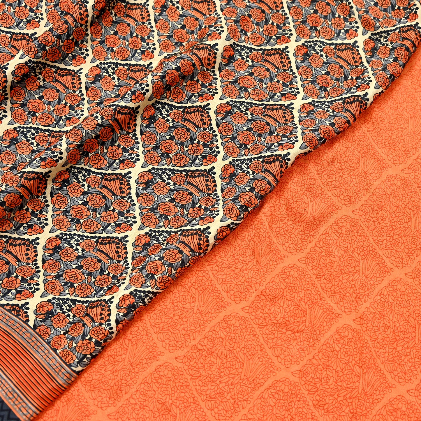 Indian Vintage Sari Orange & Beige Moss Crepe Printed Sarees 6yd Craft Fabric Sewing Floral Soft Dressmaking Quilting Crafting Upcycle Used