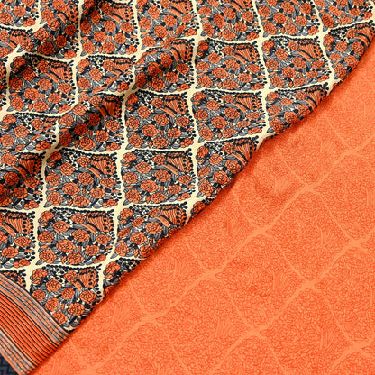 Indian Vintage Sari Orange & Beige Moss Crepe Printed Sarees 6yd Craft Fabric Sewing Floral Soft Dressmaking Quilting Crafting Upcycle Used