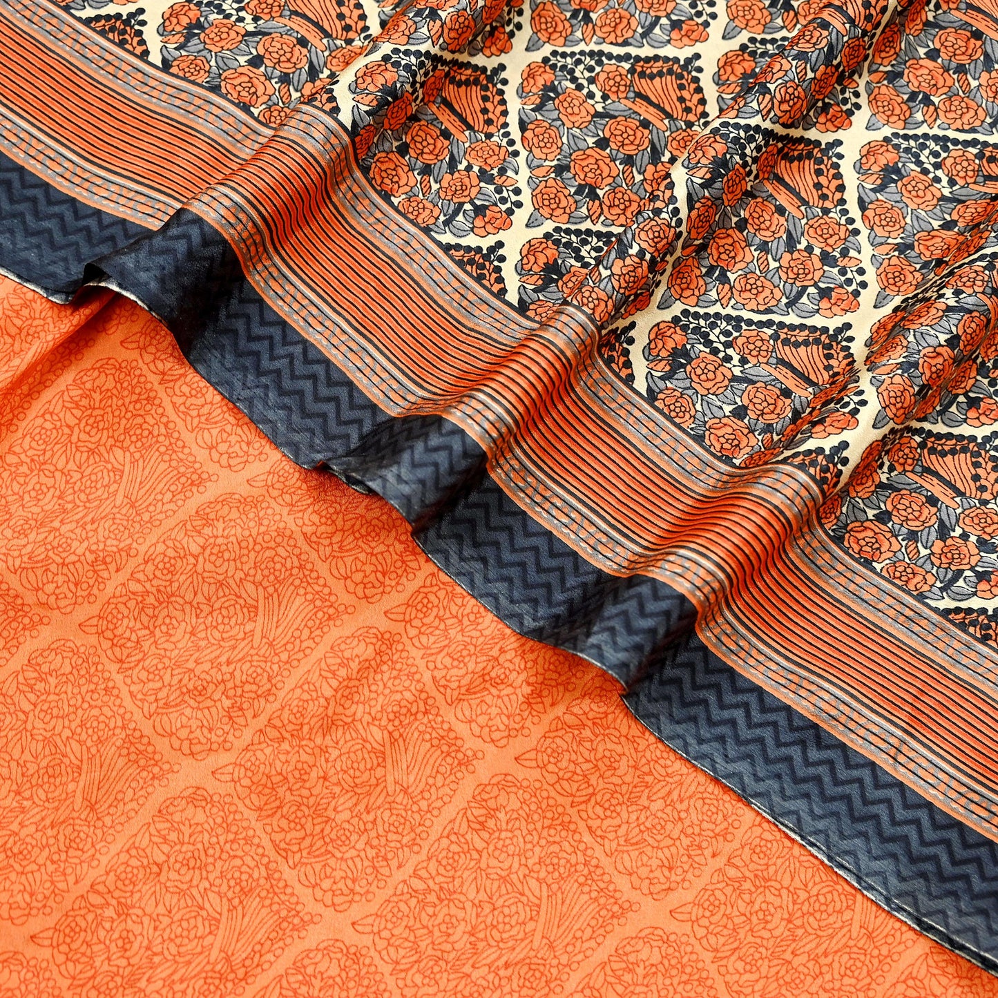 Indian Vintage Sari Orange & Beige Moss Crepe Printed Sarees 6yd Craft Fabric Sewing Floral Soft Dressmaking Quilting Crafting Upcycle Used