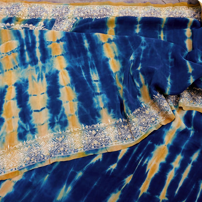 Indian Vintage Saree Pure Crepe Silk Hand Embroidered Tie-Dye Sari Fabric 5yard Sewing Craft Fabric Ethnic Dressmaking Crafting Zardozi Zari