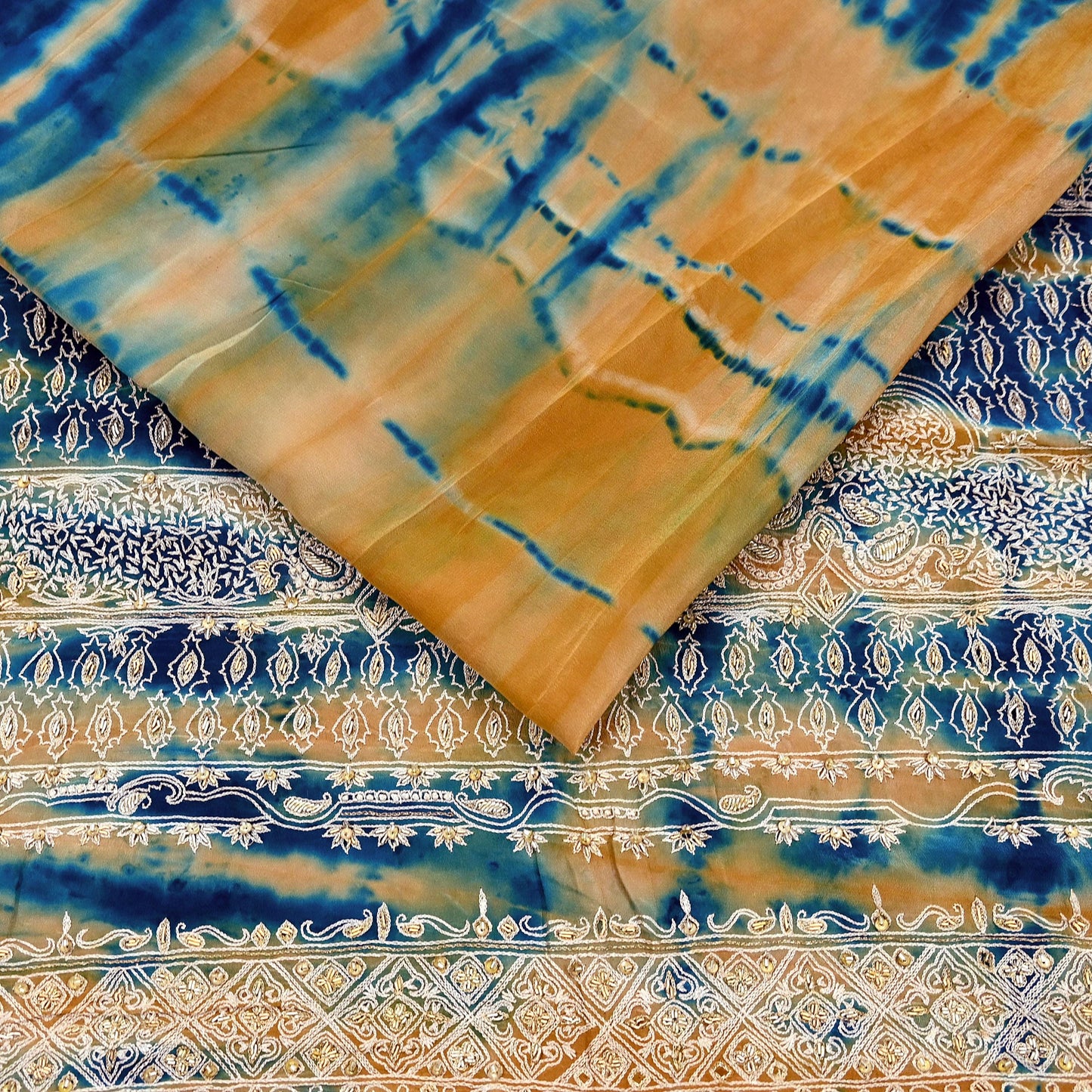 Indian Vintage Saree Pure Crepe Silk Hand Embroidered Tie-Dye Sari Fabric 5yard Sewing Craft Fabric Ethnic Dressmaking Crafting Zardozi Zari