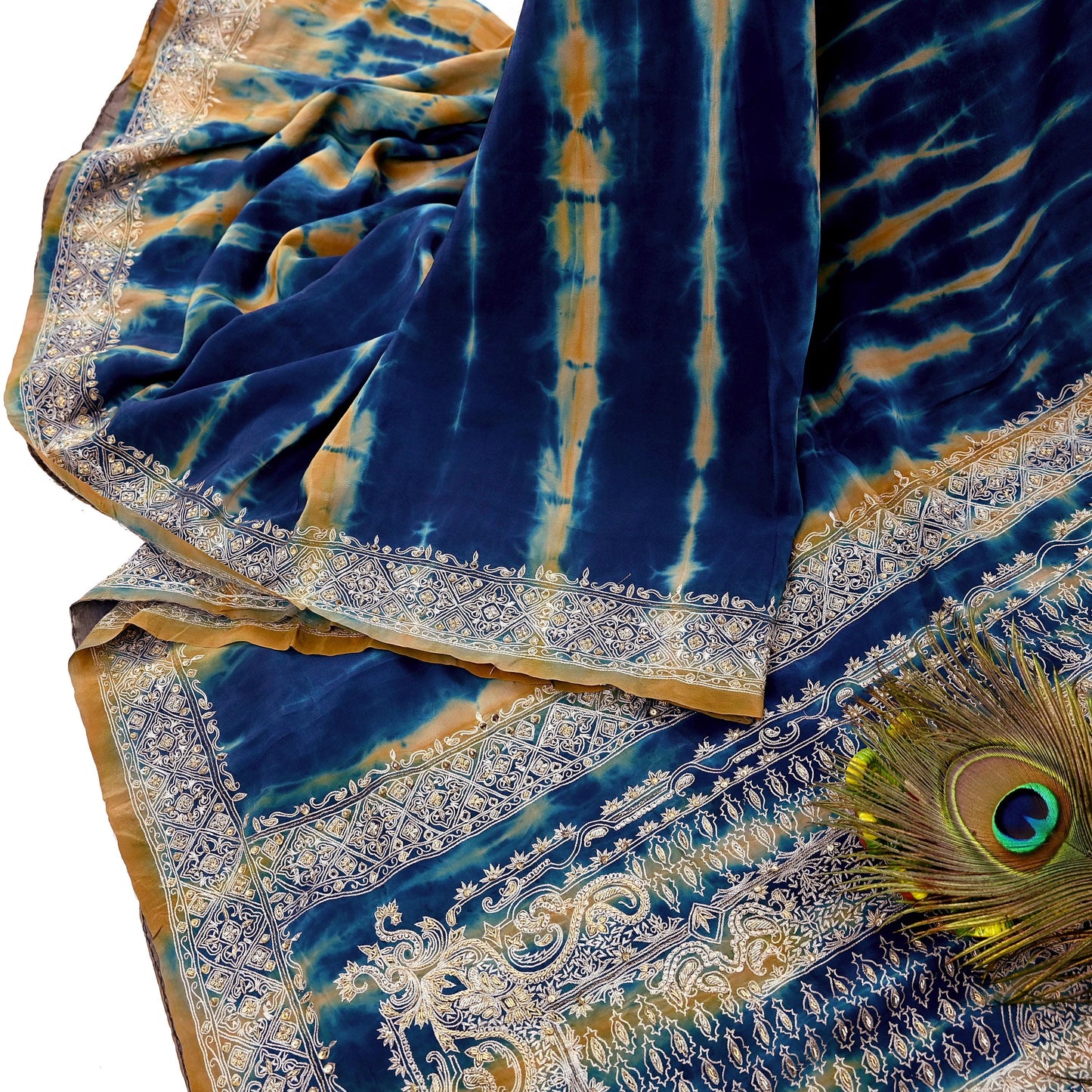 Indian Vintage Saree Pure Crepe Silk Hand Embroidered Tie-Dye Sari Fabric 5yard Sewing Craft Fabric Ethnic Dressmaking Crafting Zardozi Zari