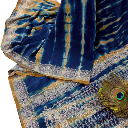 Indian Vintage Saree Pure Crepe Silk Hand Embroidered Tie-Dye Sari Fabric 5yard Sewing Craft Fabric Ethnic Dressmaking Crafting Zardozi Zari