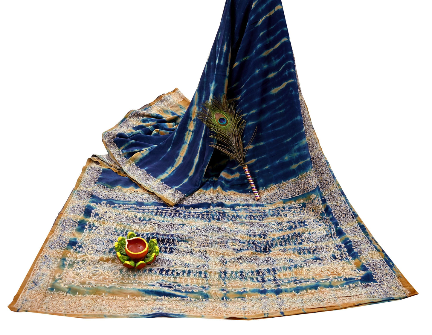 Indian Vintage Saree Pure Crepe Silk Hand Embroidered Tie-Dye Sari Fabric 5yard Sewing Craft Fabric Ethnic Dressmaking Crafting Zardozi Zari