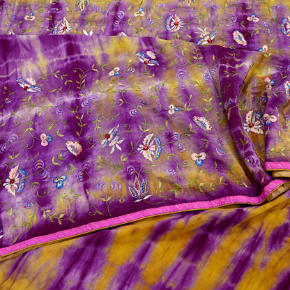 Indian Vintage Saree Purple & Yellow Pure Crepe Silk Hand Embroidered Tie-Dye Sari Fabric 5yard Sewing Craft Fabric Ethnic Dressmaking
