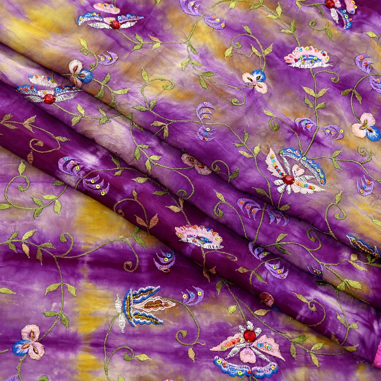 Indian Vintage Saree Purple & Yellow Pure Crepe Silk Hand Embroidered Tie-Dye Sari Fabric 5yard Sewing Craft Fabric Ethnic Dressmaking