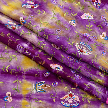 Indian Vintage Saree Purple & Yellow Pure Crepe Silk Hand Embroidered Tie-Dye Sari Fabric 5yard Sewing Craft Fabric Ethnic Dressmaking