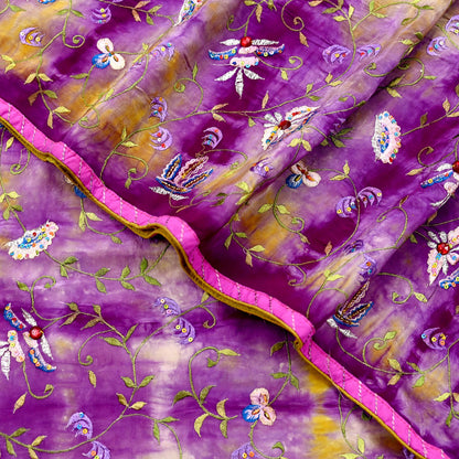 Indian Vintage Saree Purple & Yellow Pure Crepe Silk Hand Embroidered Tie-Dye Sari Fabric 5yard Sewing Craft Fabric Ethnic Dressmaking