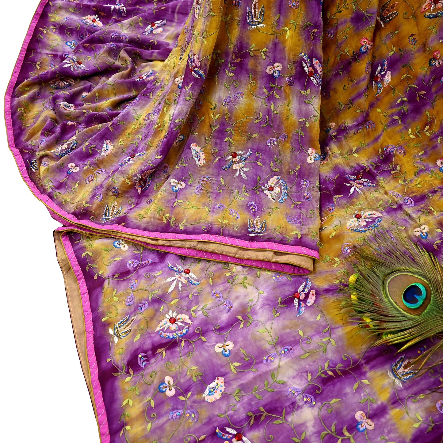 Indian Vintage Saree Purple & Yellow Pure Crepe Silk Hand Embroidered Tie-Dye Sari Fabric 5yard Sewing Craft Fabric Ethnic Dressmaking