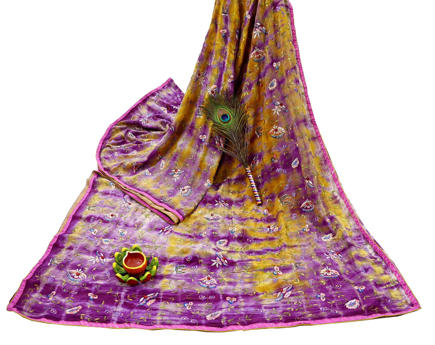 Indian Vintage Saree Purple & Yellow Pure Crepe Silk Hand Embroidered Tie-Dye Sari Fabric 5yard Sewing Craft Fabric Ethnic Dressmaking
