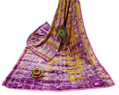 Indian Vintage Saree Purple & Yellow Pure Crepe Silk Hand Embroidered Tie-Dye Sari Fabric 5yard Sewing Craft Fabric Ethnic Dressmaking