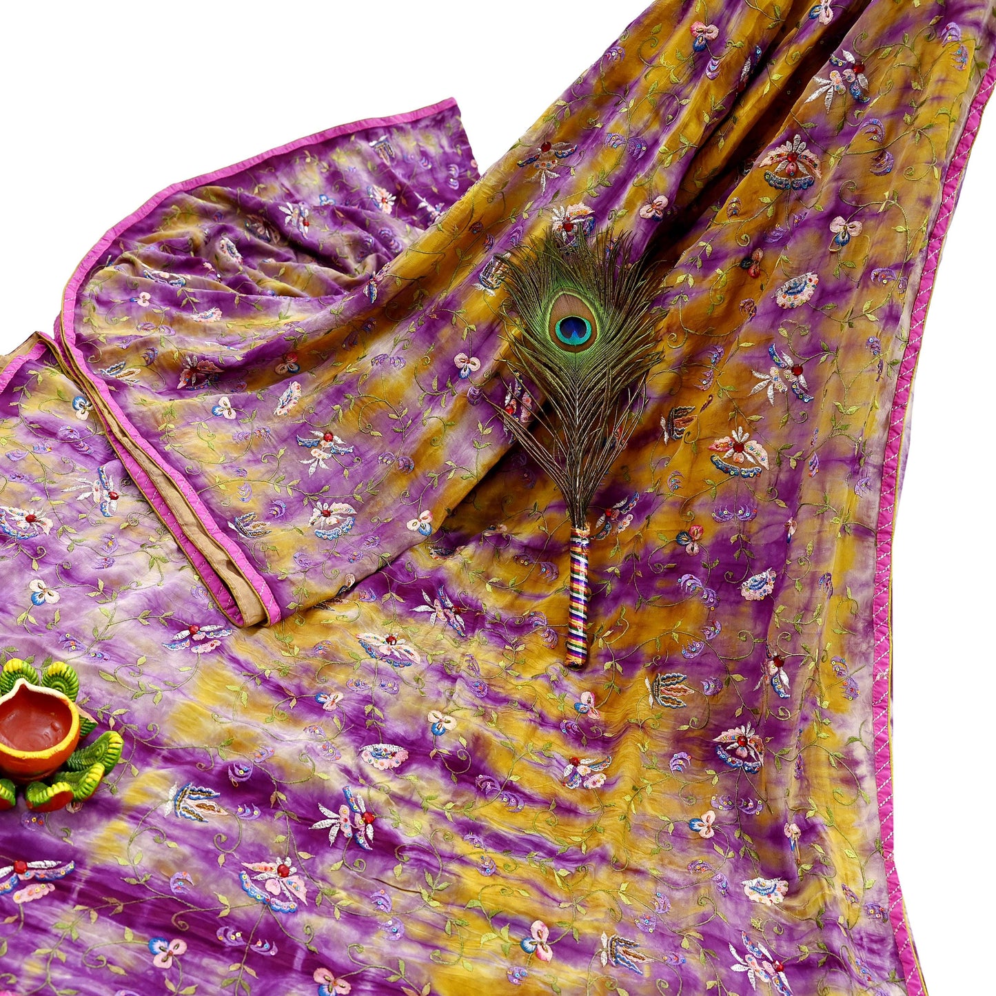 Indian Vintage Saree Purple & Yellow Pure Crepe Silk Hand Embroidered Tie-Dye Sari Fabric 5yard Sewing Craft Fabric Ethnic Dressmaking