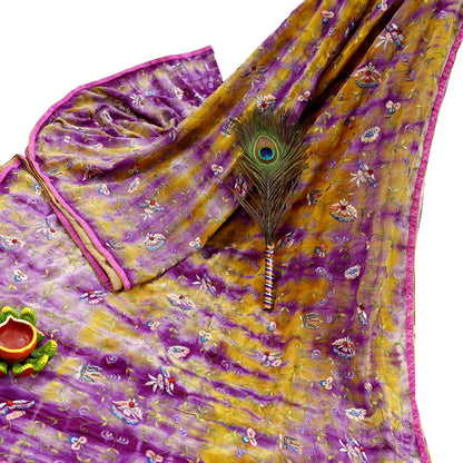Indian Vintage Saree Purple & Yellow Pure Crepe Silk Hand Embroidered Tie-Dye Sari Fabric 5yard Sewing Craft Fabric Ethnic Dressmaking