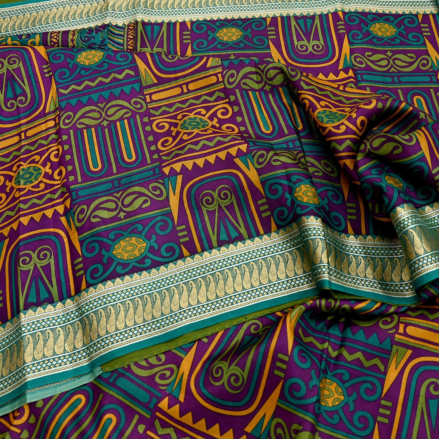 Indian Vintage Sari Green & Purple 100% Pure Silk Printed Sarees 5yd Sewing Craft Fabric Dress Making Soft Woven Border Upcycle Quilting
