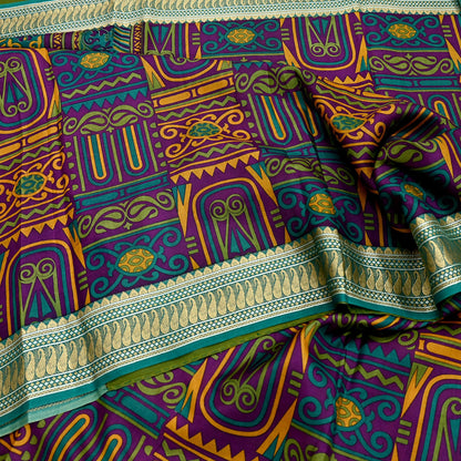 Indian Vintage Sari Green & Purple 100% Pure Silk Printed Sarees 5yd Sewing Craft Fabric Dress Making Soft Woven Border Upcycle Quilting