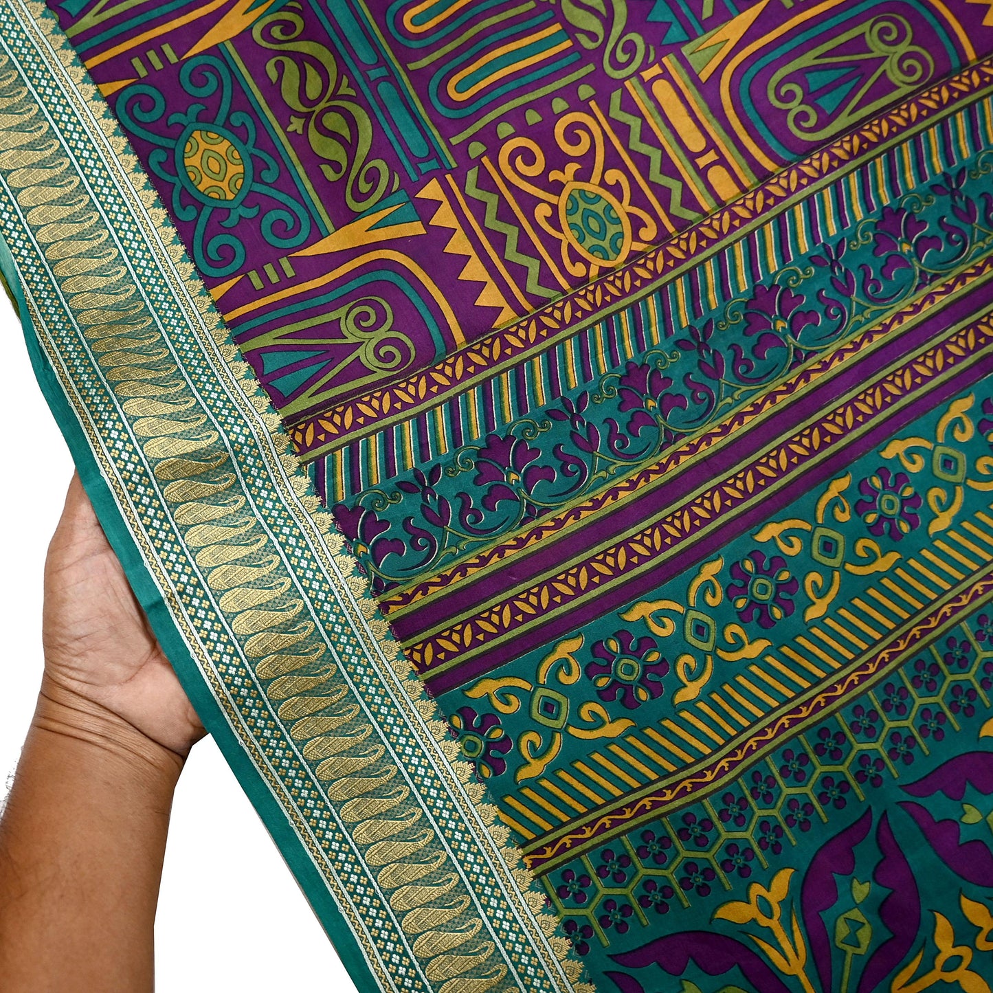 Indian Vintage Sari Green & Purple 100% Pure Silk Printed Sarees 5yd Sewing Craft Fabric Dress Making Soft Woven Border Upcycle Quilting
