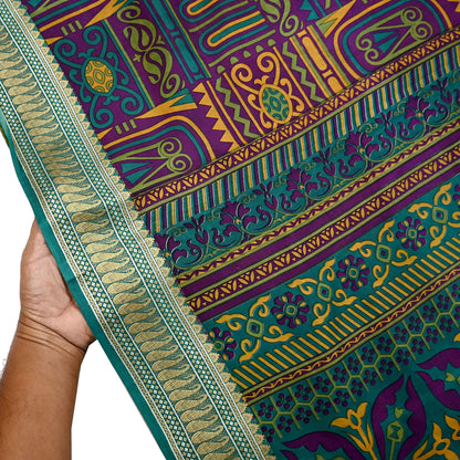 Indian Vintage Sari Green & Purple 100% Pure Silk Printed Sarees 5yd Sewing Craft Fabric Dress Making Soft Woven Border Upcycle Quilting